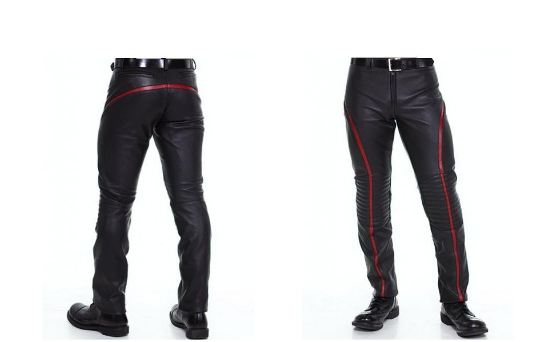 black leather pants with red stripe